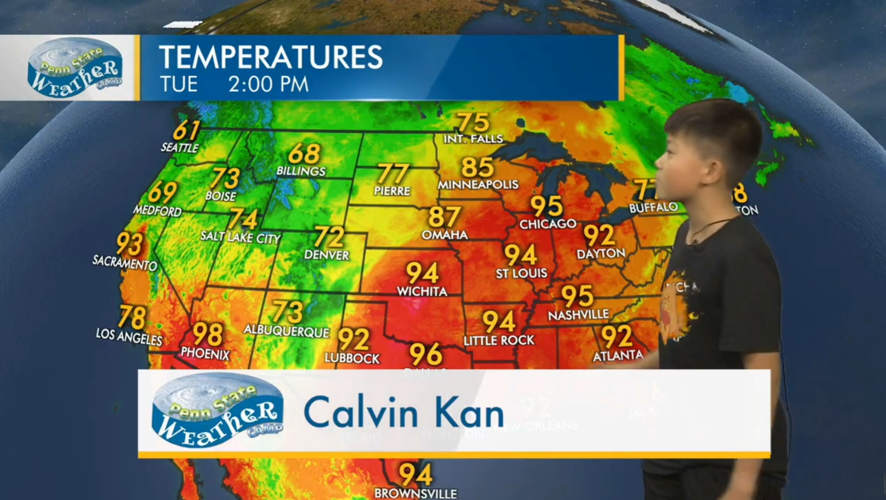 Young Calvin presenting temperatures on a Weather Central map